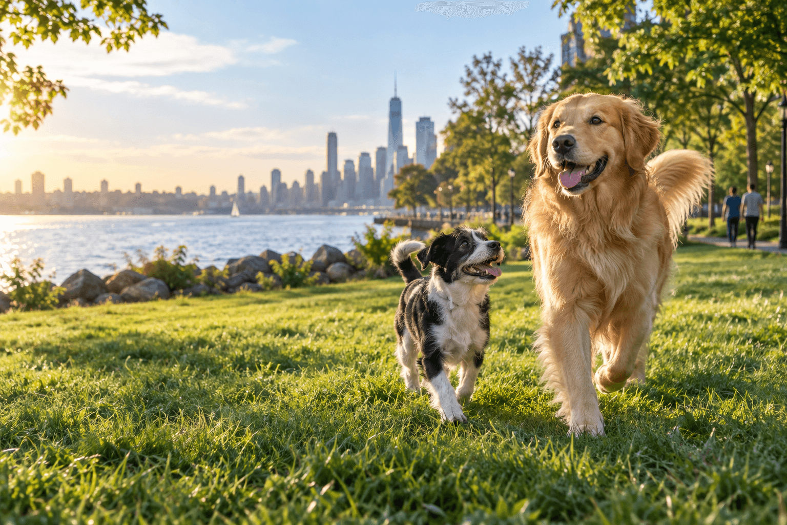 Illustrative scene of two dogs enjoying a green waterfront park